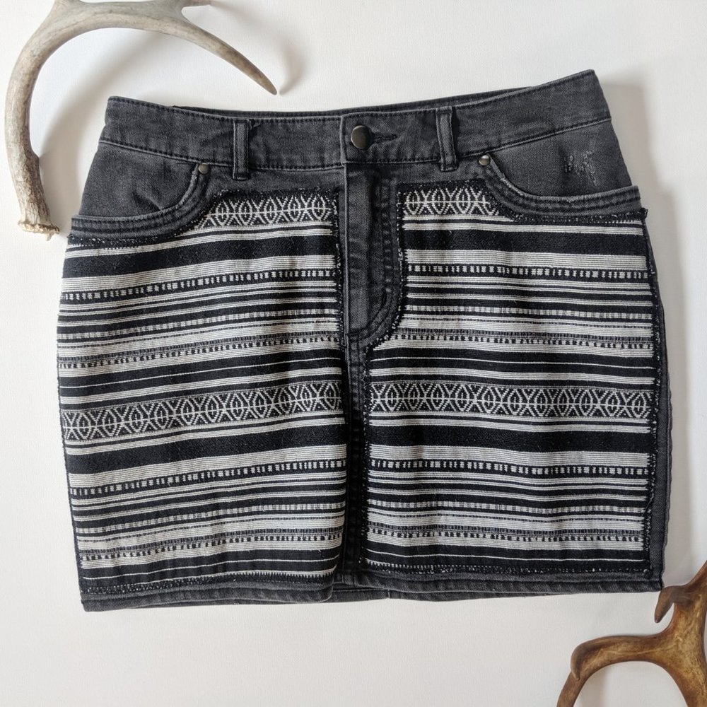H&M Distressed Boho Pattern Black Denim Skirt